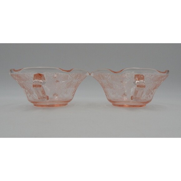 Hazel Atlas Florentine Poppy Pink Depression Glass Two-Handle Soup Nut Bowl Pair - Picture 5 of 9